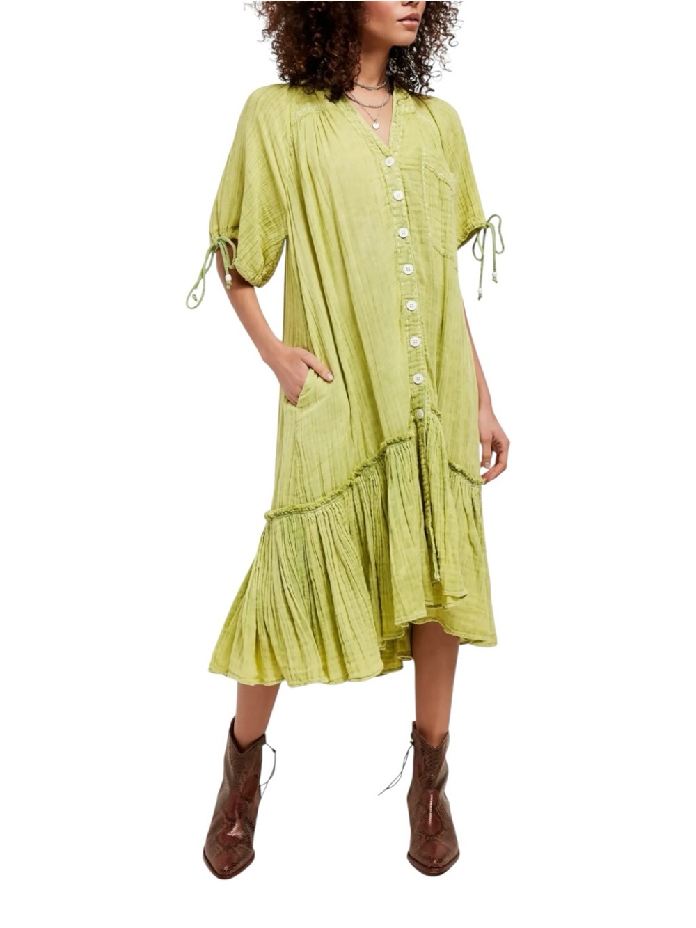 Free people Maya Midi Shirtdress Yellow Green gauze 100% Cotton boho size M